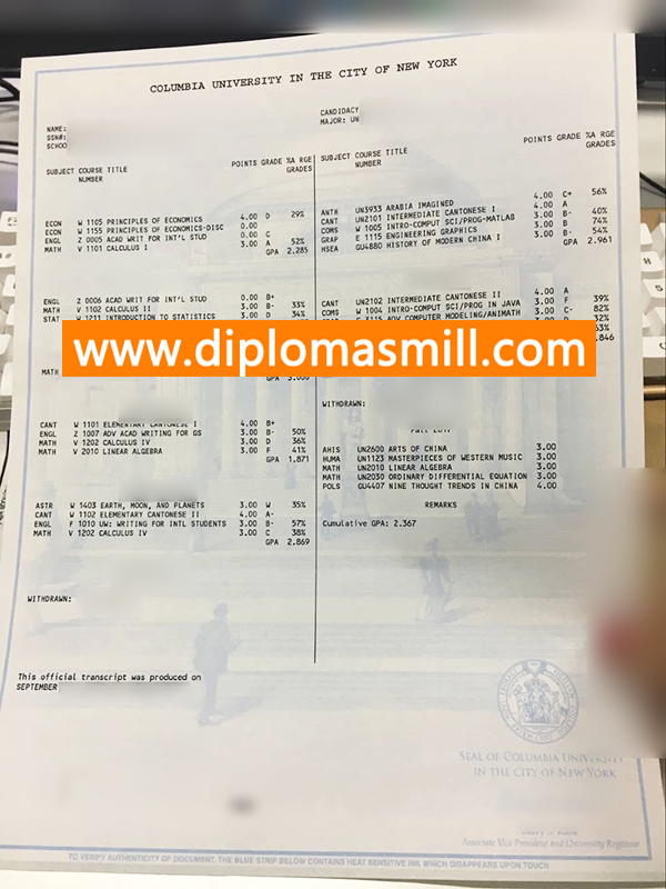 Supply Fake Columbia University Transcirpt