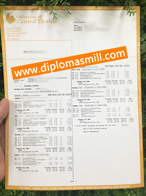 Custom Official University of Central Florida Transcript