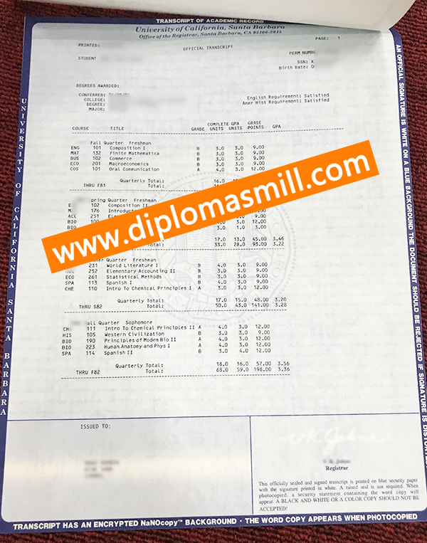 Custom UC Santa Barbara Transcript Certificate