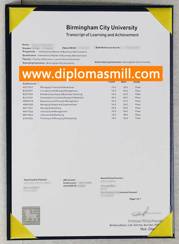 Sale Official Birmingham City University Transcript