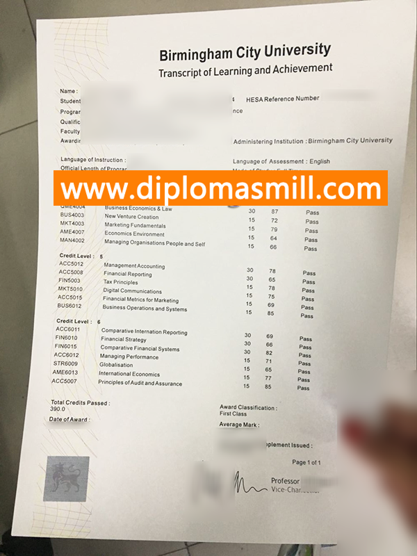 Supply Birmingham City University Official Transcript