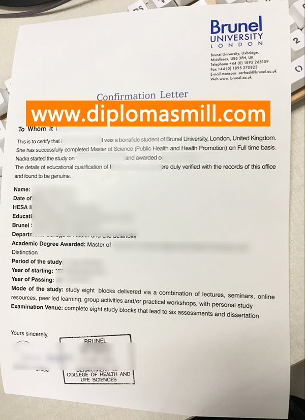 Sale Brunel University Degree Confirmation Letter