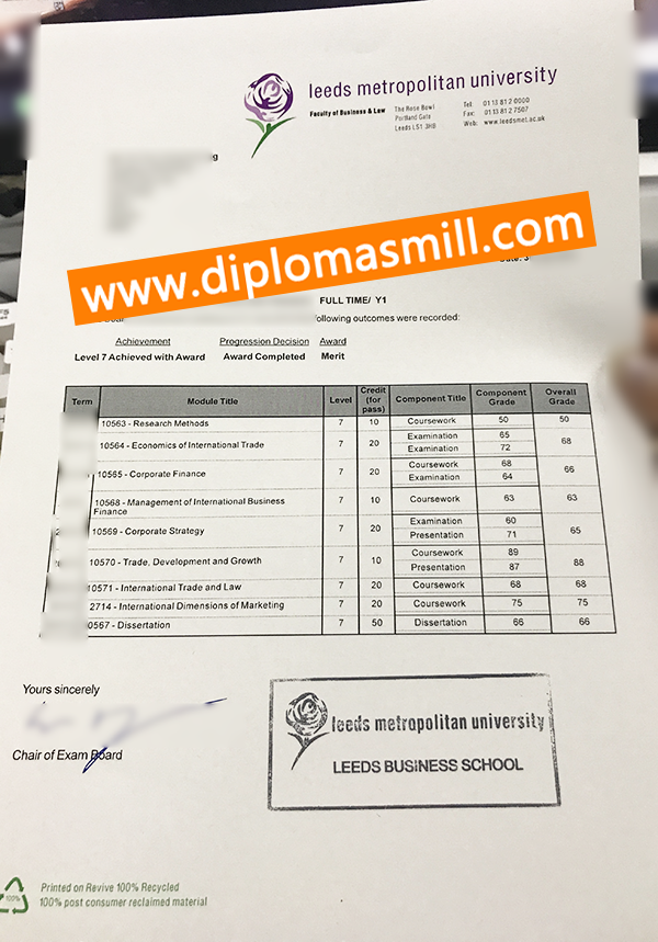 Custom Original Leeds Metropolitan University Transcript