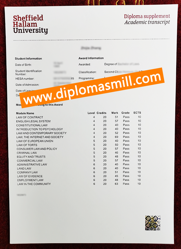 Apply Original Sheffield Hallam University Transcript