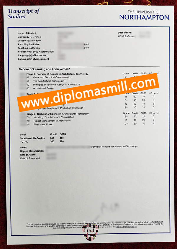 Pick Up fake University of Northampton transcript
