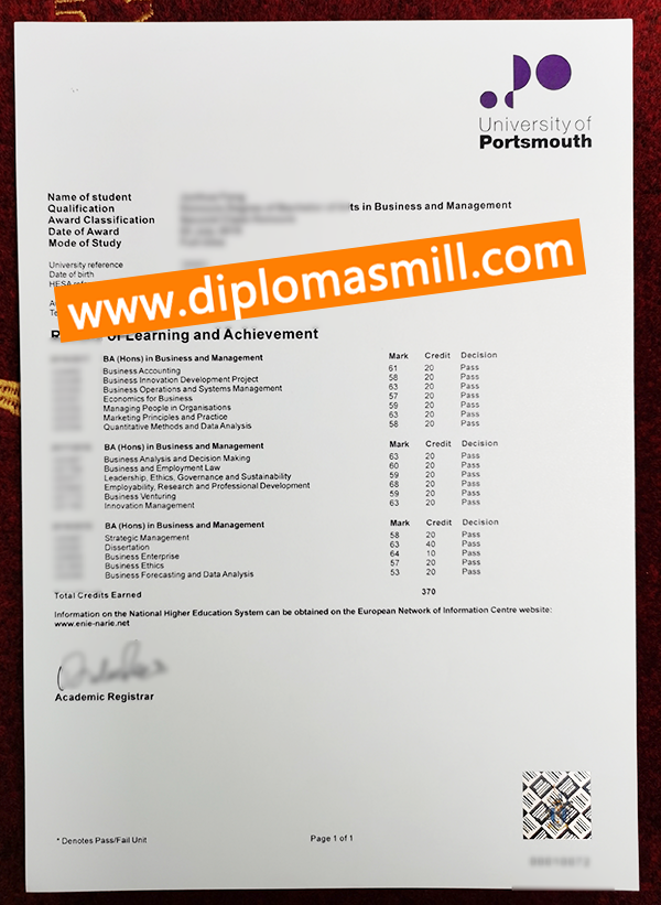 Purchase UK University of Portsmouth transcript