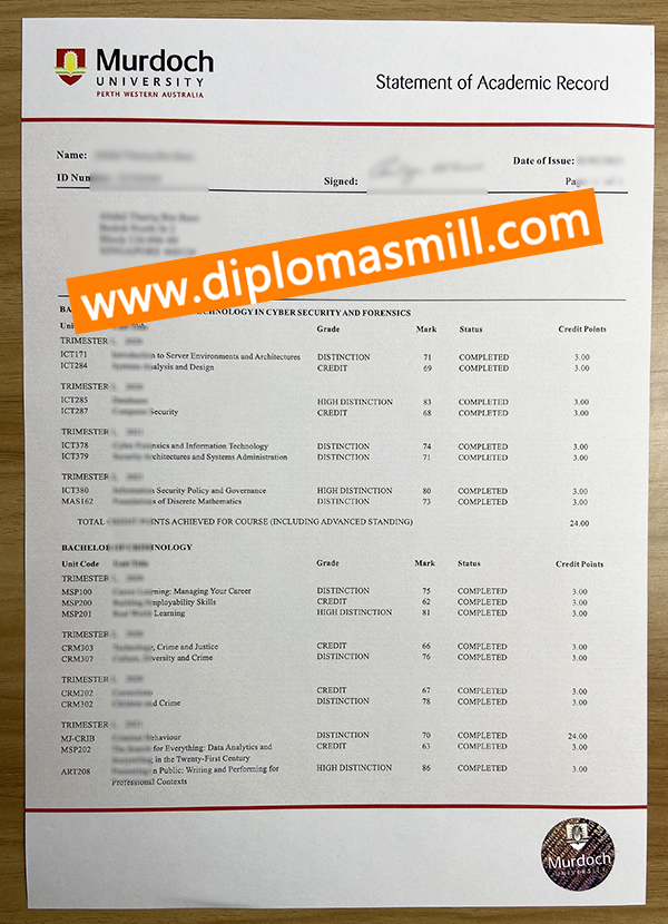 Fake Murdoch University transcript for sale