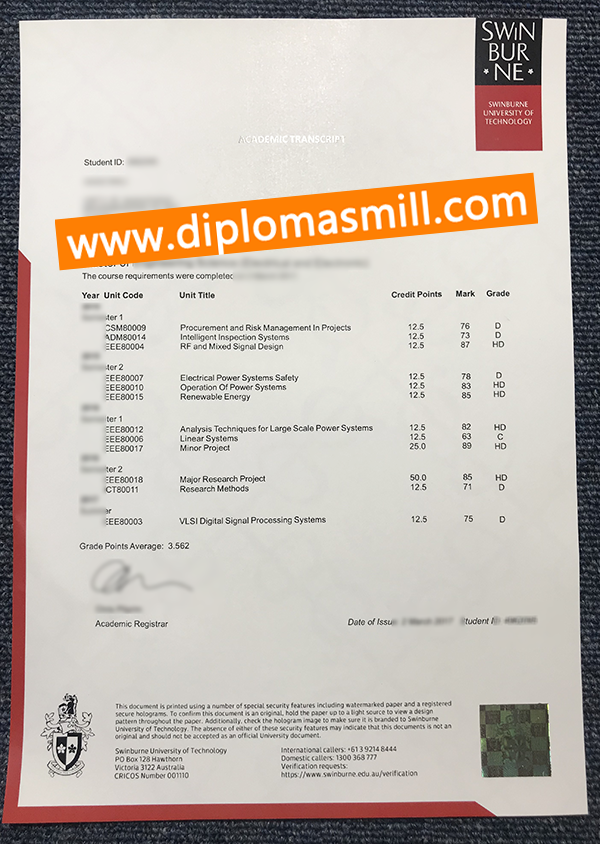 Custom Swinburne University of Technology transcript