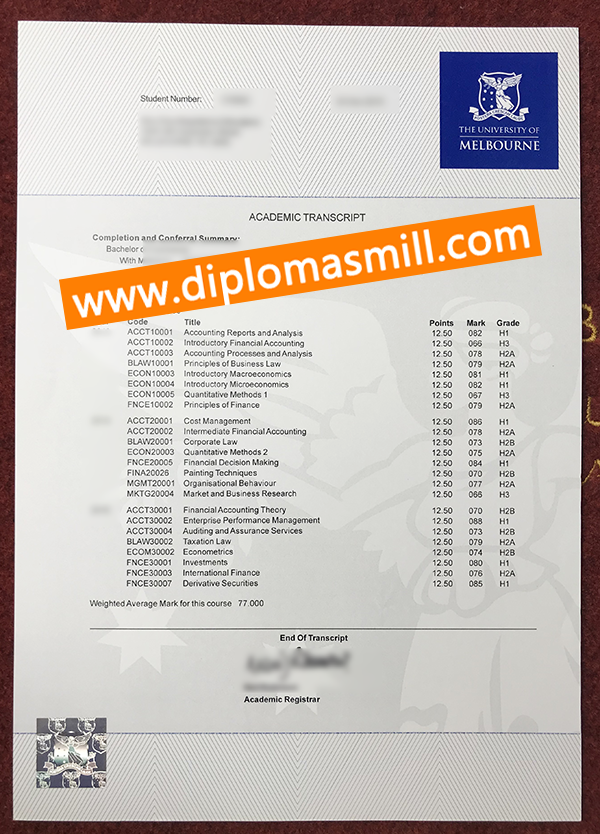Custom fake University of Melbourne transcript