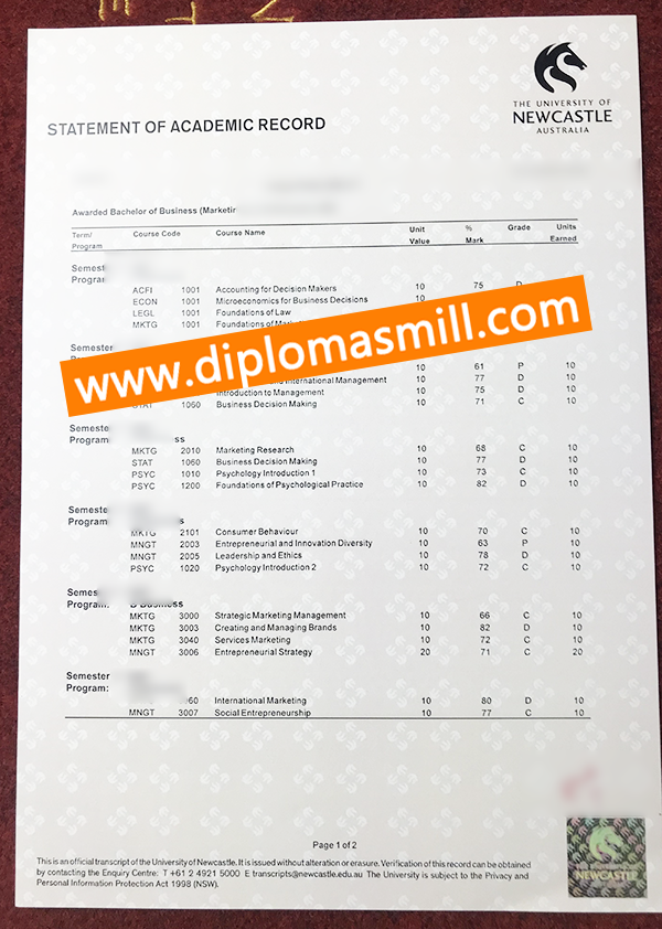 Custom Australia University of Newcastle transcript