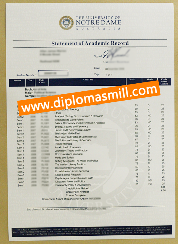Apply fake University of Notre Dame transcript