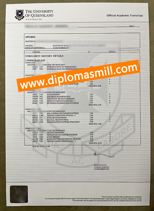 Purchase original University of Queensland transcript