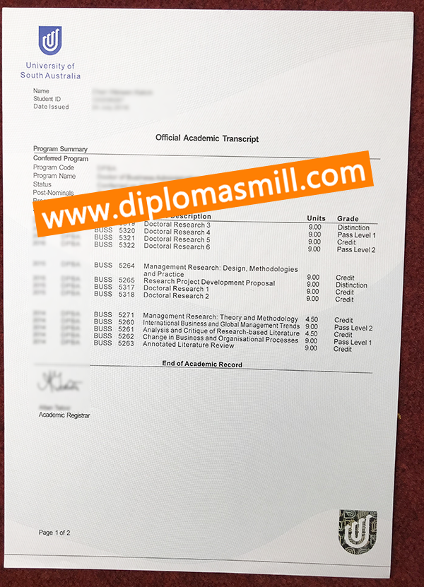 Purchase Official University of South Australia transcript
