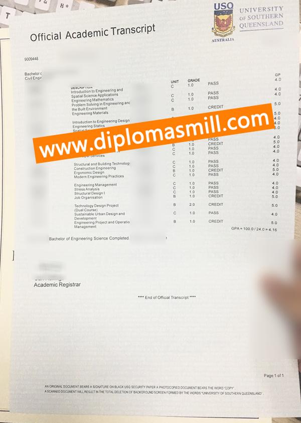 Order official University of Southern Queensland transcript