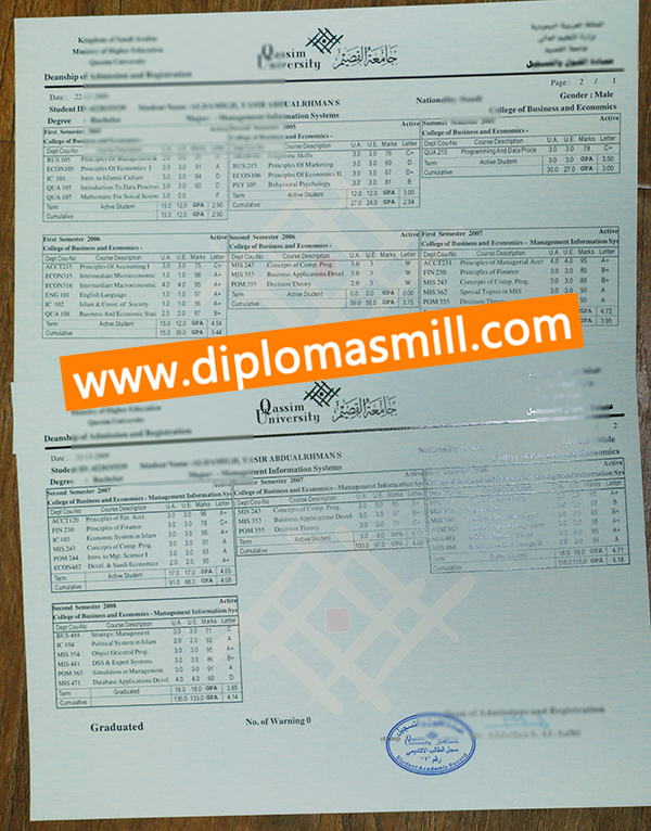How much buy fake Qassim University Transcript?