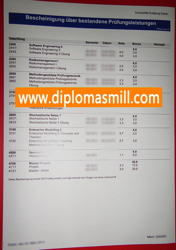Make official University of Duisburg-Essen transcript