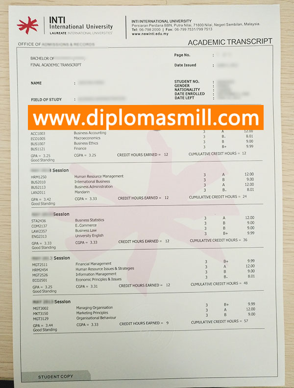 Purchase Malaysia INTI International University transcript