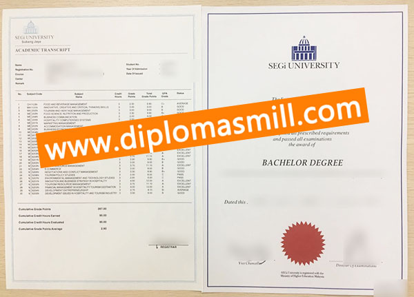 Purchase fake SEGi University diploma transcript