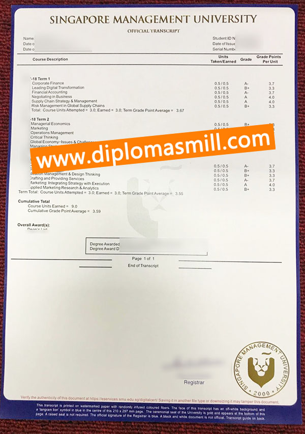 Buy fake Singapore Management University transcript
