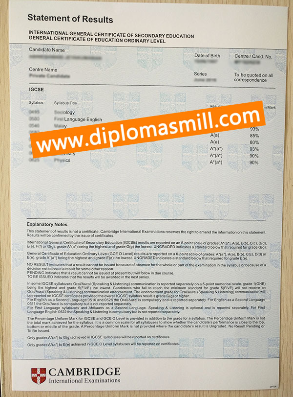 Cambridge IGCSE Statements fake certificate for sale