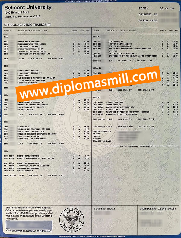 Purchase fake Belmont University transcript