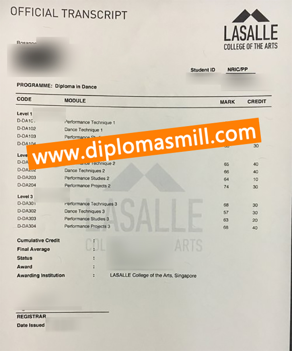 Buy fake LASALLE College of the Arts transcript