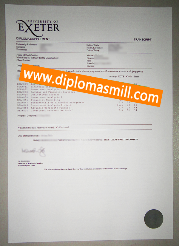 Shopping fake University of Exeter transcript