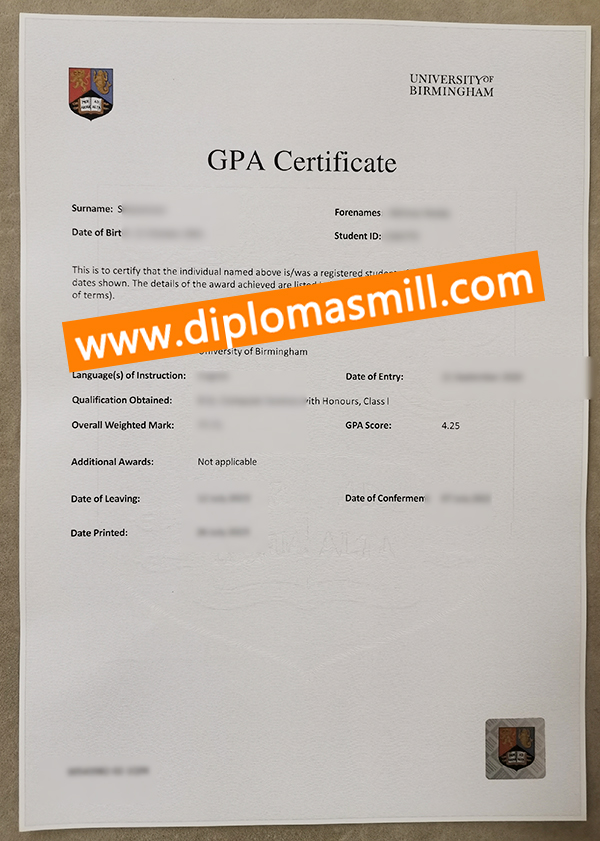 Supply fake University of Birmingham GPA certificate
