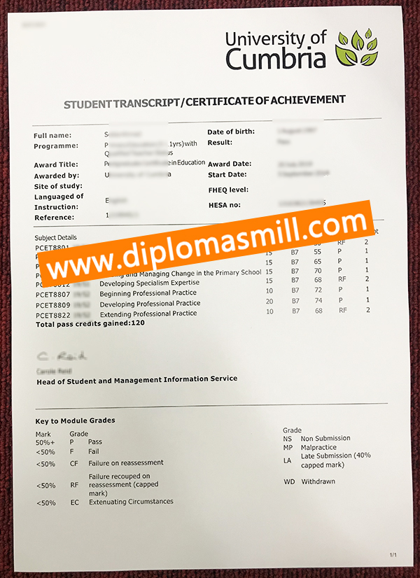 Where to buy fake University of Cumbria transcript?