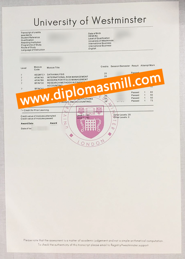 Make quality fake University of Westminster transcript