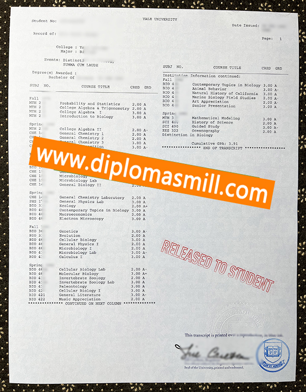 Custom official Yale University degree transcript