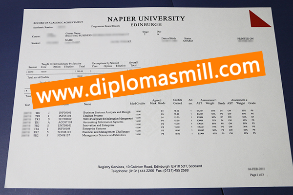 Custom official Edinburgh Napier University transcript