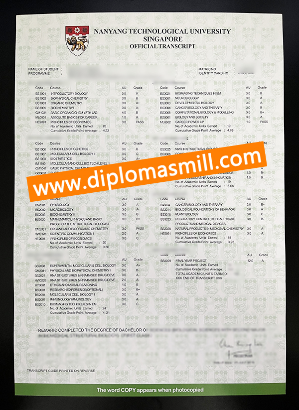 Sale offcial Nanyang Technological University transcript