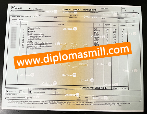 Fake Ontario Secondary School transcript for sale