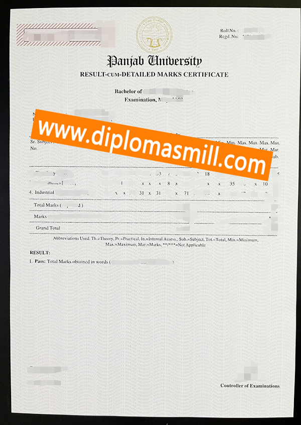 Custom official Panjab University transcript