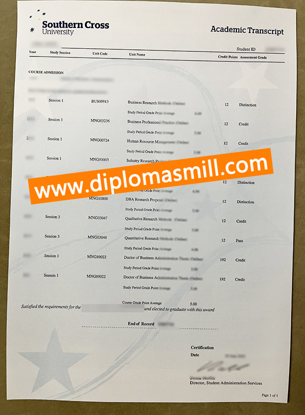 Print official Southern Cross University transcript