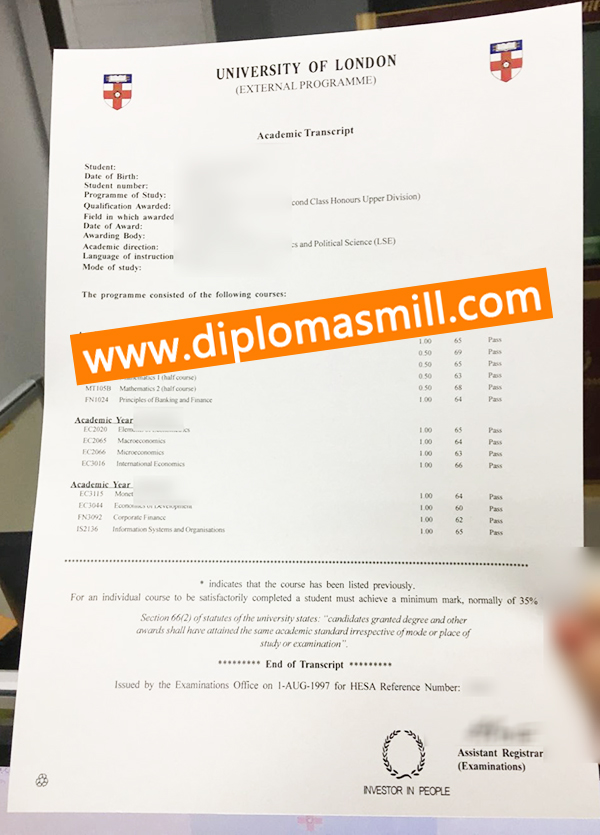 Pick up copy University of London transcript