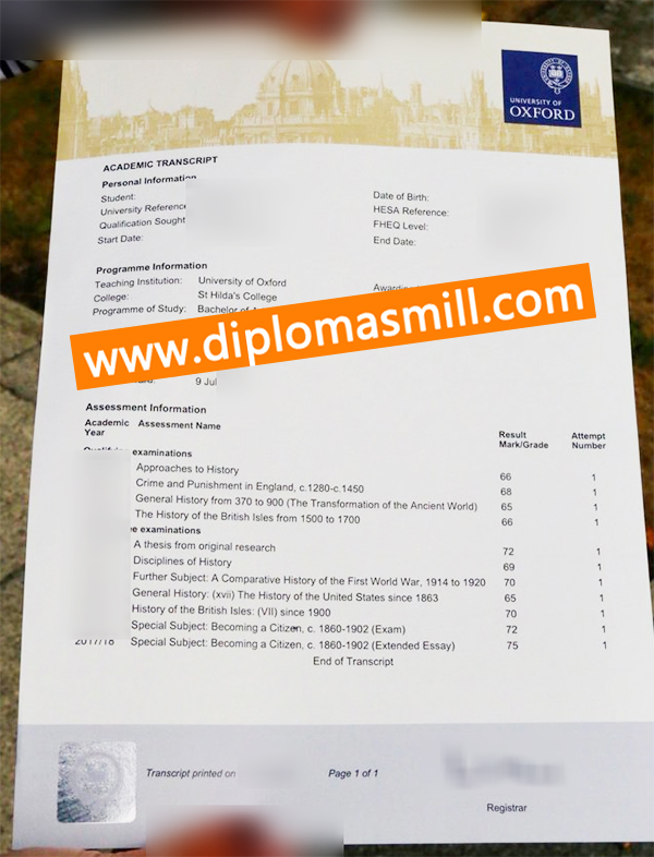 Custom fake University of Oxford transcript