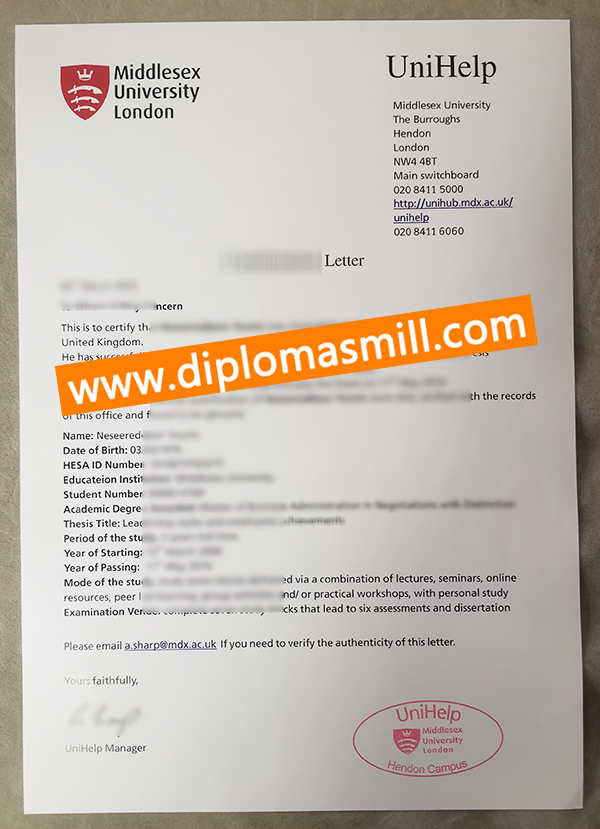 Purchase fake Middlesex University diploma letter