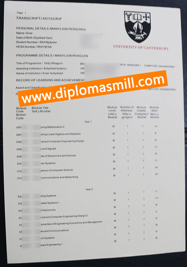 Buy fake University of Canterbury transcript